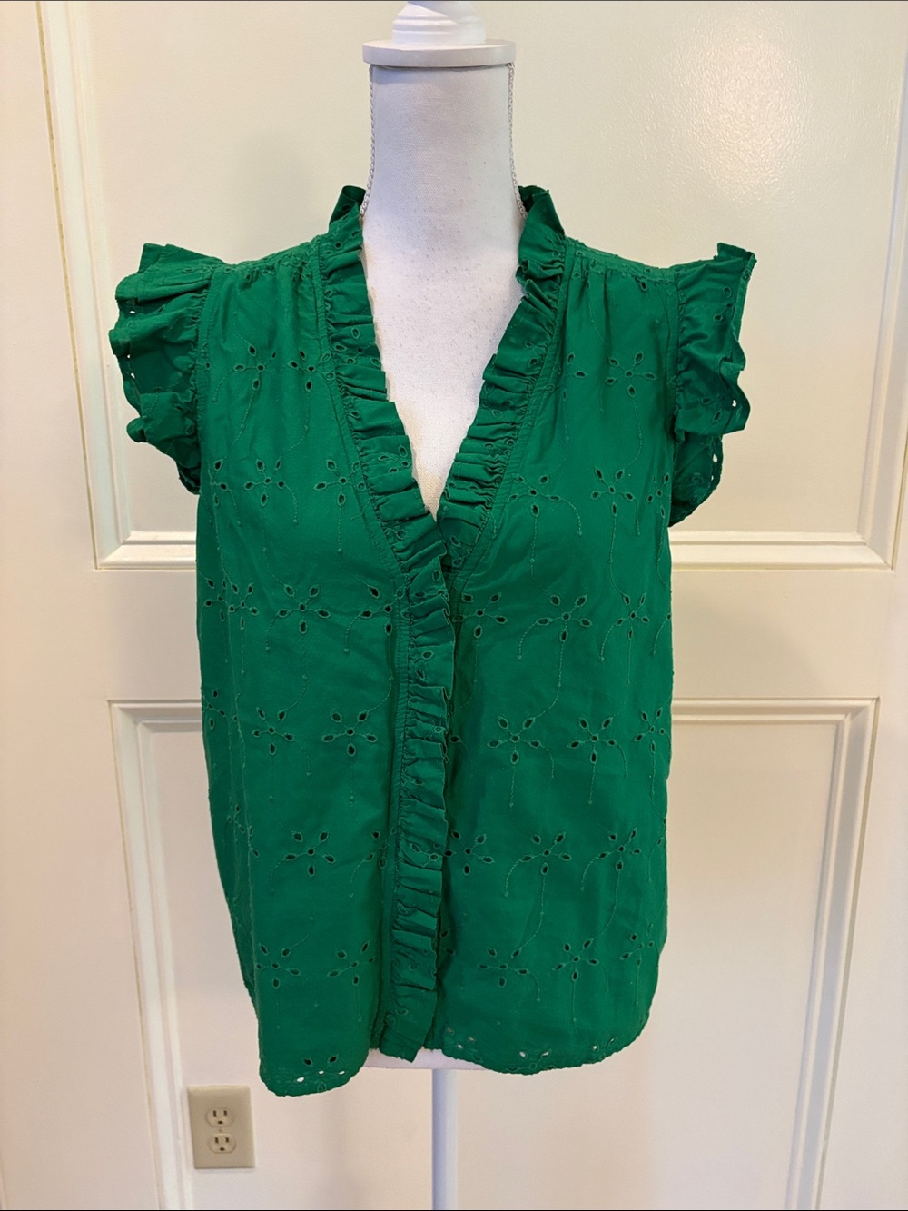 J. Crew Emerald Eyelet Ruffle V-Neck Blouse
